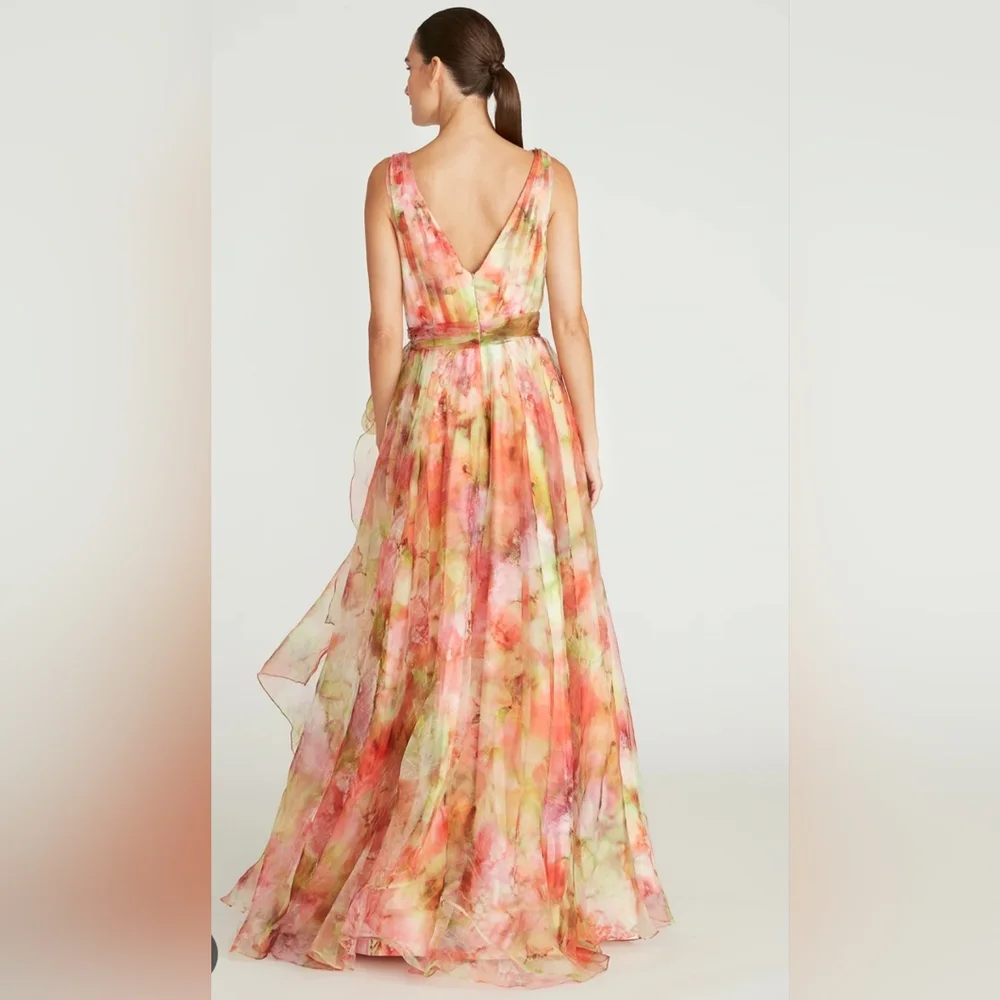 NWT Theia Faye Painterly Bow Organza Lightweight Chiffon Flowy A-line Gown 4‎ - Picture 9 of 15